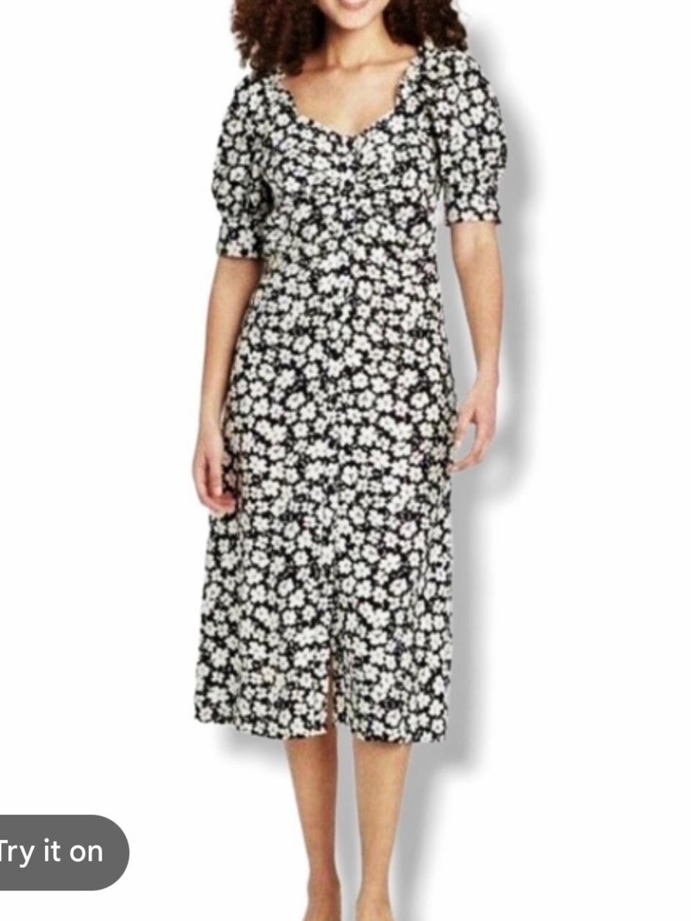 Who What Wear Black and White Daisy-Print Midi Dress with Puff Sleeves